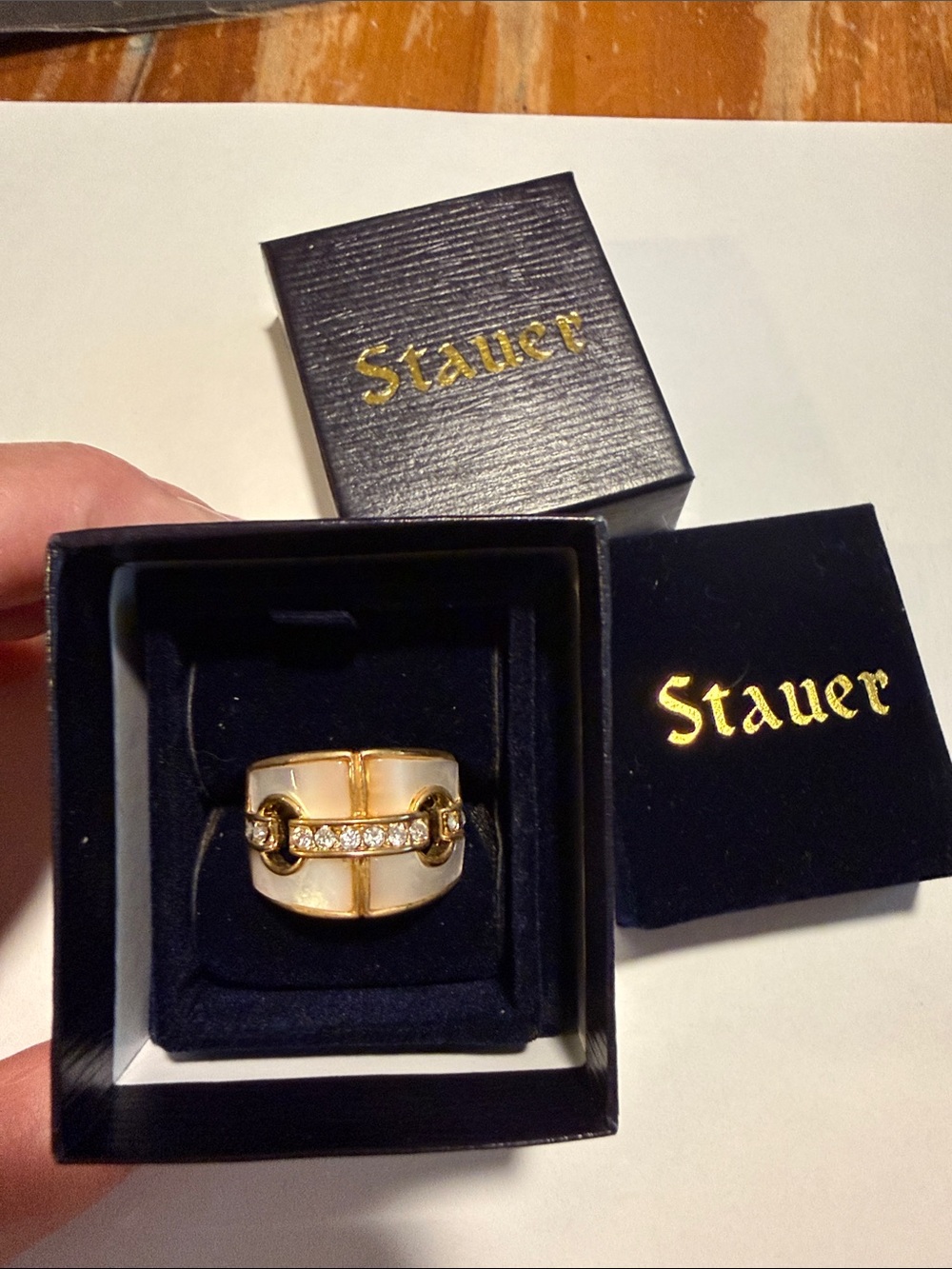Stauer White Enamel and Gold-Tone Crystal Chain Ring